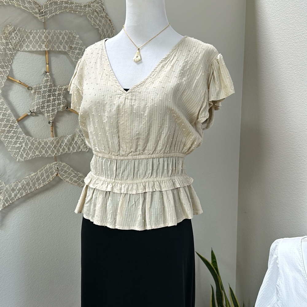 Boho ruffle cap sleeve v neck top with Swiss dot detail SZ L-XL (Bin3)